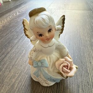 1960s Lefton Bisque June Birthday Angel Pink Roses Ceramic Angel Figurine